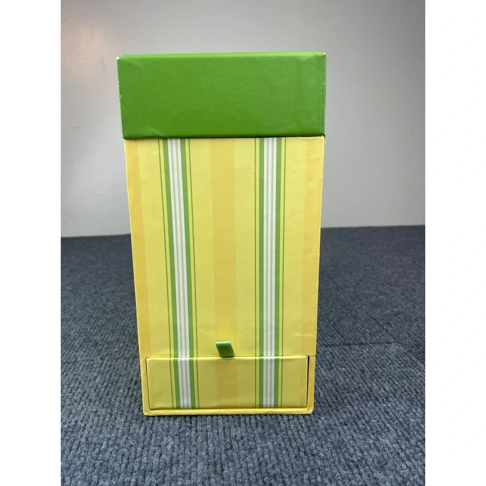 VTG. Hallmark Yellow Green Striped Card Storage Box w/Pullout Drawer 10.5x10x4.5